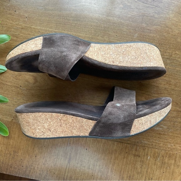Ugg Platform Wedge Cork Slide Sandals Chocolate Brown Suede Leather - Basil - Picture 2 of 9